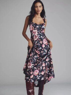Anthropologie Jocelyn Sleeveless Slip Midi Dress by Maeve, Black Floral, L